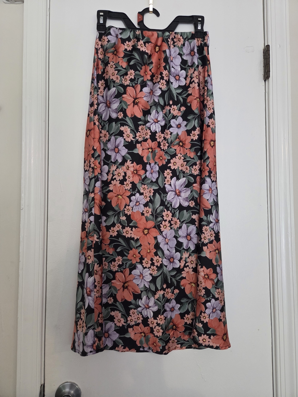 Abel The Label Floral Silky Maxi Skirt Size M Black Pink Coral Boho Cottagecore